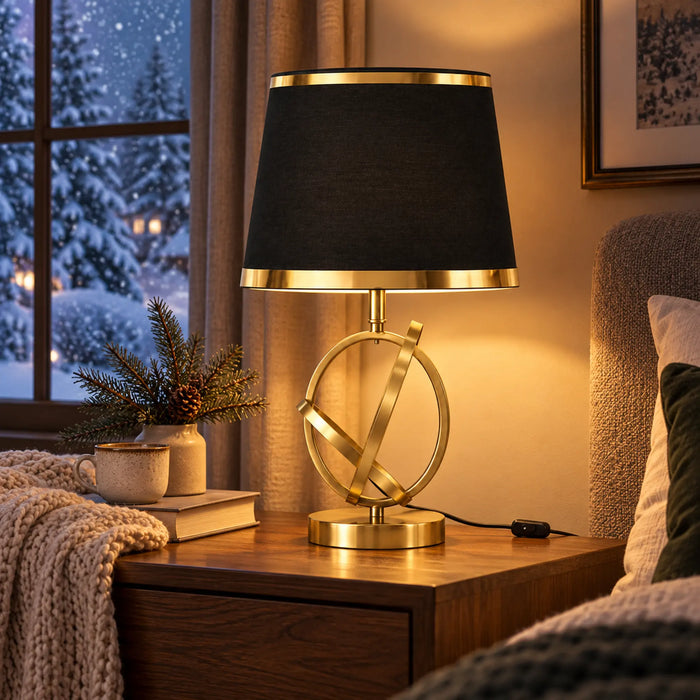 GREAT DREAM Modern Gold Geometric Table Lamp with Black Fabric Shade, Elegant Bedside Nightstand Lamp for Bedroom & Living Room