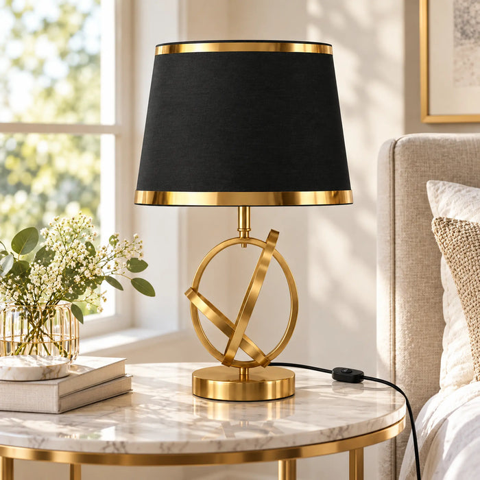 GREAT DREAM Modern Gold Geometric Table Lamp with Black Fabric Shade, Elegant Bedside Nightstand Lamp for Bedroom & Living Room