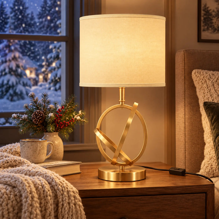 GREAT DREAM Modern Gold Geometric Table Lamp with White Fabric Shade, Elegant Bedside Nightstand Lamp for Bedroom & Living Room