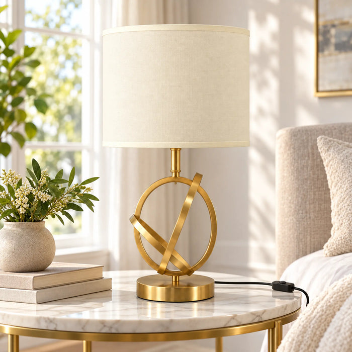 GREAT DREAM Modern Gold Geometric Table Lamp with White Fabric Shade, Elegant Bedside Nightstand Lamp for Bedroom & Living Room