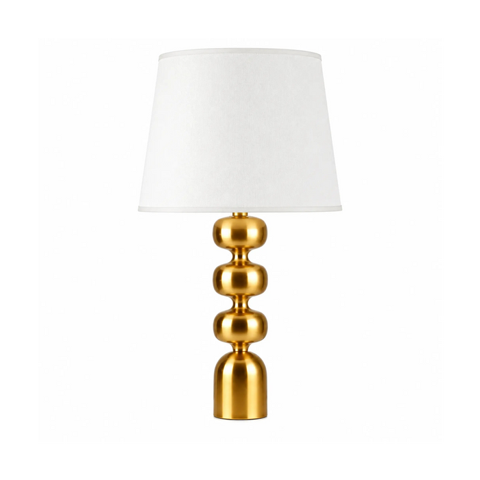 GREAT DREAM Modern Gold Table Lamp, Stacked Sphere Design with White Fabric Drum Shade, Brushed Gold Metal Base, Bedside/Living Room Lamp for Nightstand, Desk, Home Decor