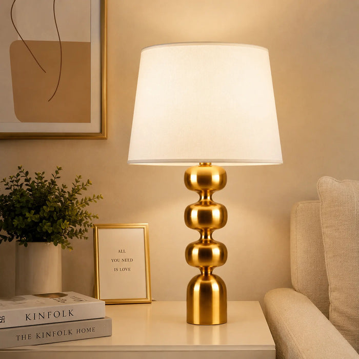 GREAT DREAM Modern Gold Table Lamp, Stacked Sphere Design with White Fabric Drum Shade, Brushed Gold Metal Base, Bedside/Living Room Lamp for Nightstand, Desk, Home Decor