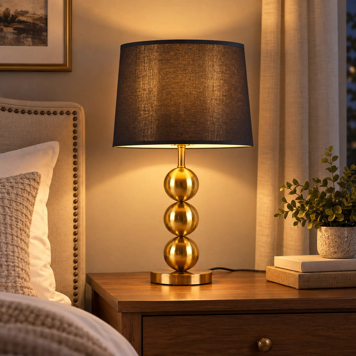 GREAT DREAM Modern Gold Table Lamp with Black Fabric Shade, Triple Sphere Metal Base, Elegant Bedside Nightstand Lamp for Bedroom & Living Room, 50cm