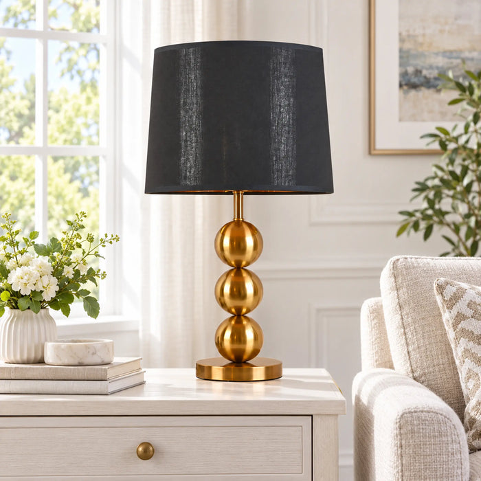 GREAT DREAM Modern Gold Table Lamp with Black Fabric Shade, Triple Sphere Metal Base, Elegant Bedside Nightstand Lamp for Bedroom & Living Room, 55cm