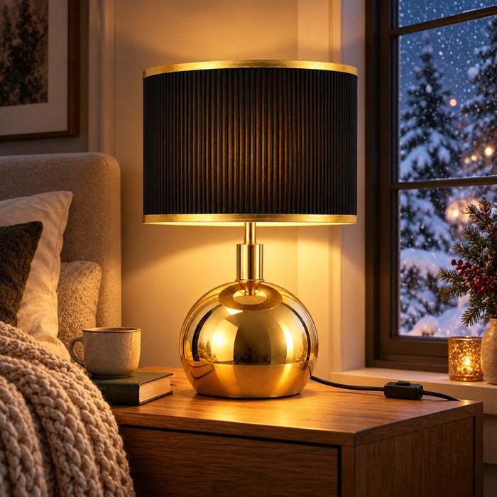 GREAT DREAM Modern Gold Table Lamp with Black Pleated Fabric Shade, Round Metal Bedside Nightstand Lamp for Bedroom & Living Room
