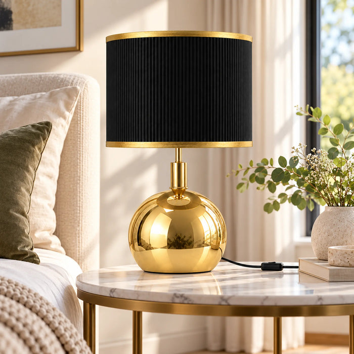 GREAT DREAM Modern Gold Table Lamp with Black Pleated Fabric Shade, Round Metal Bedside Nightstand Lamp for Bedroom & Living Room