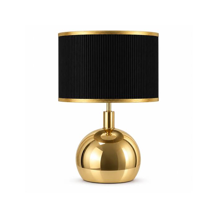 GREAT DREAM Modern Gold Table Lamp with Black Pleated Fabric Shade, Round Metal Bedside Nightstand Lamp for Bedroom & Living Room