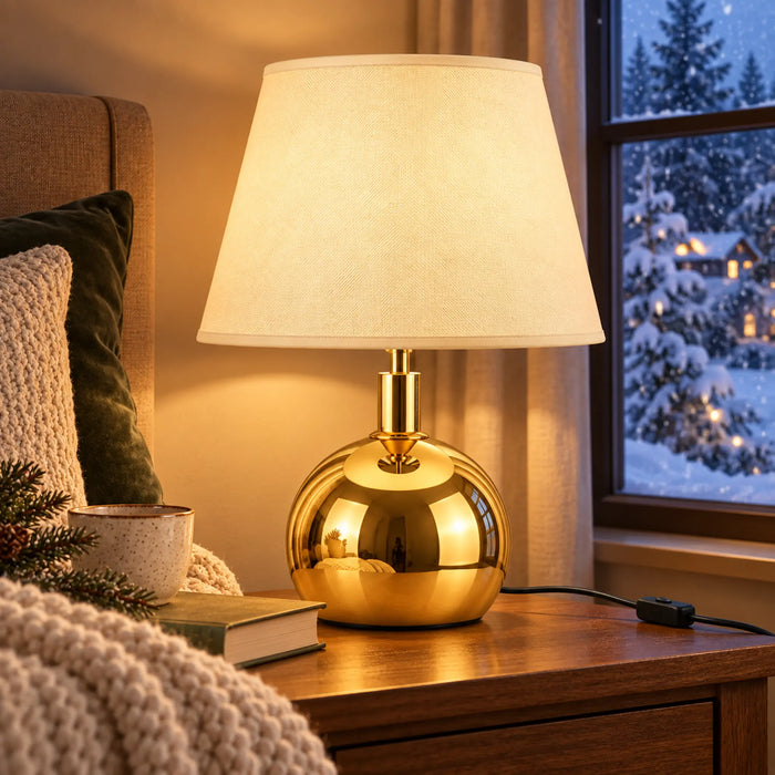 GREAT DREAM Modern Gold Table Lamp with Cream Fabric Shade, Round Metal Bedside Nightstand Lamp for Bedroom & Living Room
