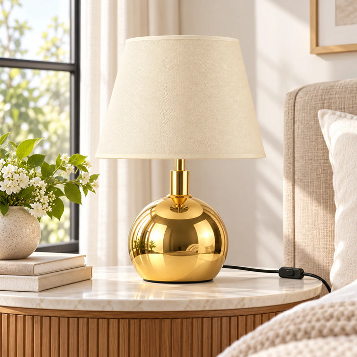 GREAT DREAM Modern Gold Table Lamp with Cream Fabric Shade, Round Metal Bedside Nightstand Lamp for Bedroom & Living Room