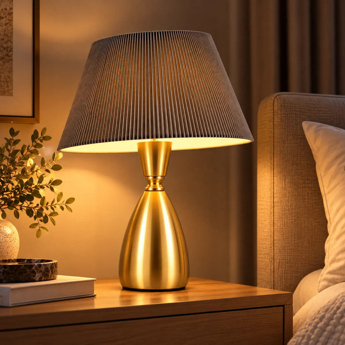GREAT DREAM Modern Gold Table Lamp with Dark Pleated Shade, Elegant Bedside Nightstand Lamp for Bedroom, Living Room & Office
