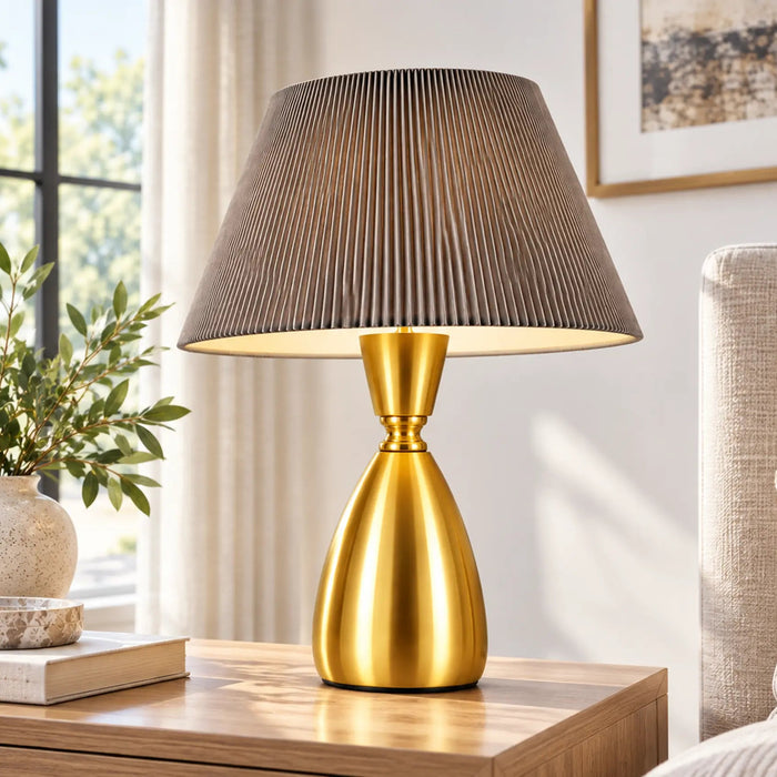 GREAT DREAM Modern Gold Table Lamp with Dark Pleated Shade, Elegant Bedside Nightstand Lamp for Bedroom, Living Room & Office