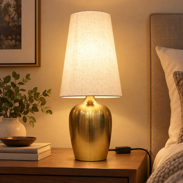 GREAT DREAM Modern Gold Table Lamp with Fabric Shade, Brushed Metal Bedside Nightstand Lamp with Inline Cord Switch for Bedroom, Living Room & Office
