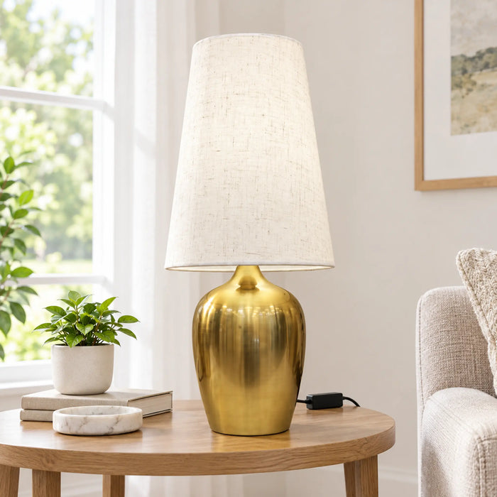GREAT DREAM Modern Gold Table Lamp with Fabric Shade, Brushed Metal Bedside Nightstand Lamp with Inline Cord Switch for Bedroom, Living Room & Office