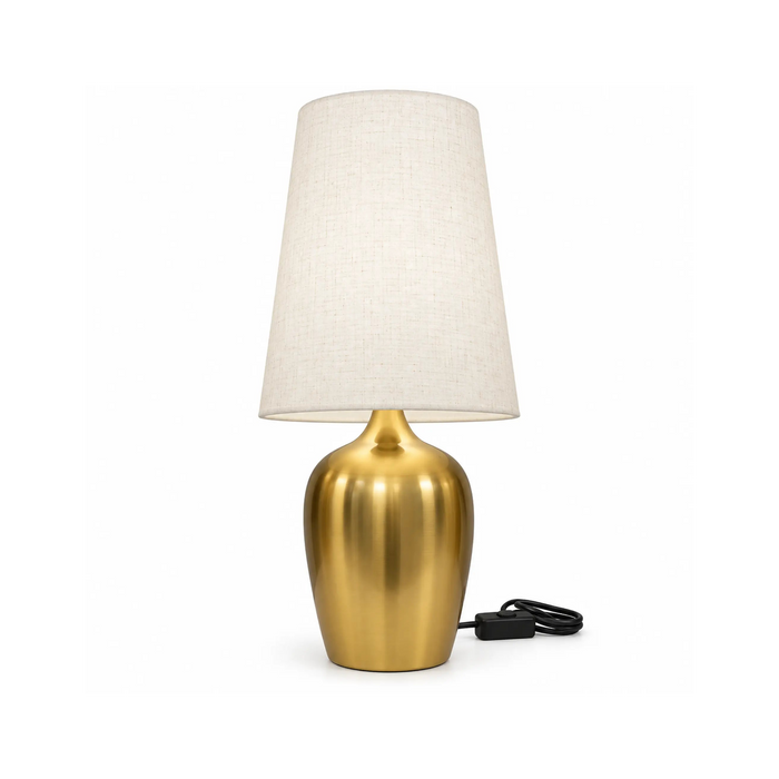 GREAT DREAM Modern Gold Table Lamp with Fabric Shade, Brushed Metal Bedside Nightstand Lamp with Inline Cord Switch for Bedroom, Living Room & Office