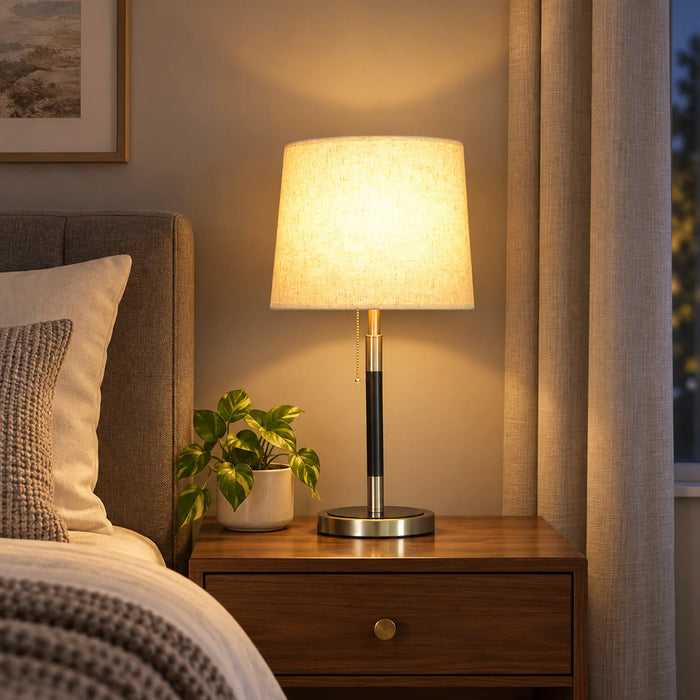 GREAT DREAM Modern Gold Table Lamp with Fabric Shade, Elegant Bedside Nightstand Lamp for Bedroom, Living Room & Office