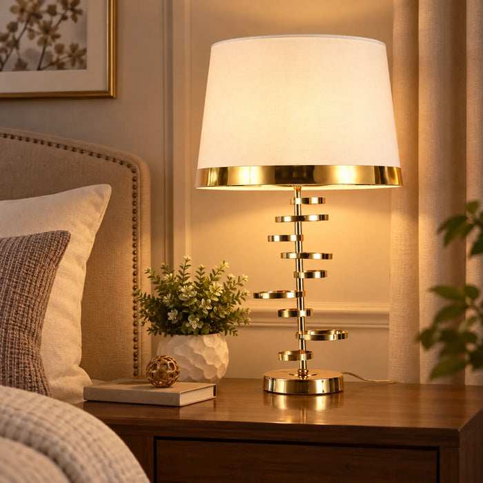 GREAT DREAM Modern Gold Table Lamp with Fabric Shade, Elegant Bedside Nightstand Lamp for Bedroom, Living Room & Office