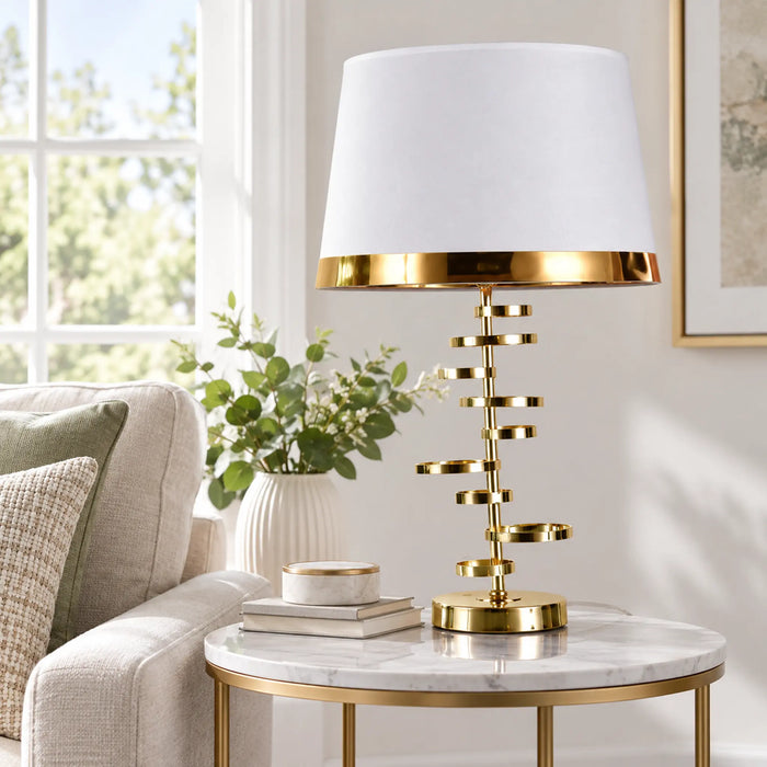 GREAT DREAM Modern Gold Table Lamp with Fabric Shade, Elegant Bedside Nightstand Lamp for Bedroom, Living Room & Office