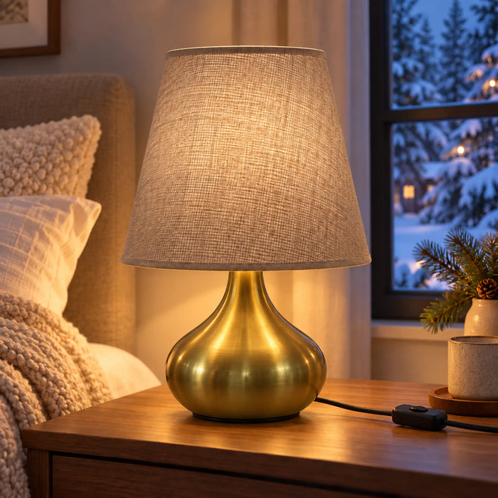 GREAT DREAM Modern Gold Table Lamp with Fabric Shade, Elegant Bedside Nightstand Lamp with Inline Cord Switch for Bedroom, Living Room & Office