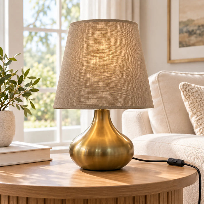 GREAT DREAM Modern Gold Table Lamp with Fabric Shade, Elegant Bedside Nightstand Lamp with Inline Cord Switch for Bedroom, Living Room & Office