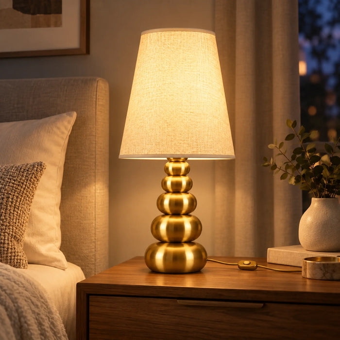 GREAT DREAM Modern Gold Table Lamp with Fabric Shade, Stacked Round Metal Base, Elegant Bedside Nightstand Lamp with Inline Switch for Bedroom & Living Room