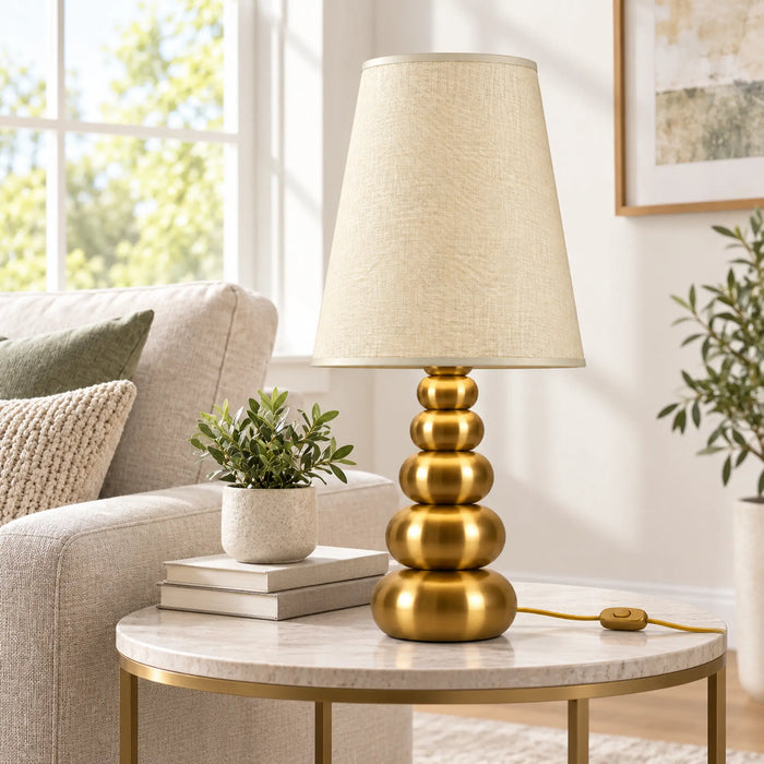 GREAT DREAM Modern Gold Table Lamp with Fabric Shade, Stacked Round Metal Base, Elegant Bedside Nightstand Lamp with Inline Switch for Bedroom & Living Room