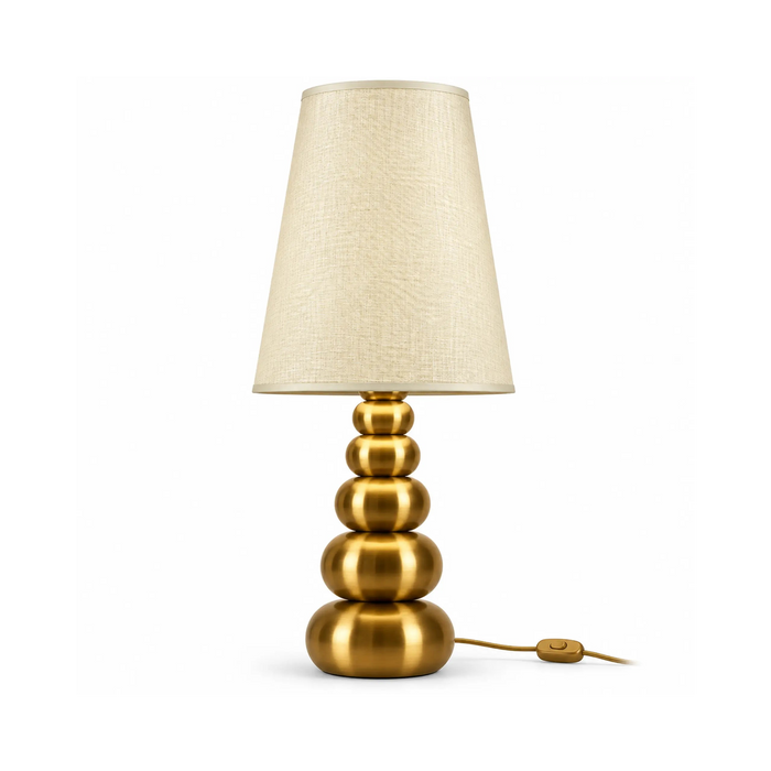 GREAT DREAM Modern Gold Table Lamp with Fabric Shade, Stacked Round Metal Base, Elegant Bedside Nightstand Lamp with Inline Switch for Bedroom & Living Room