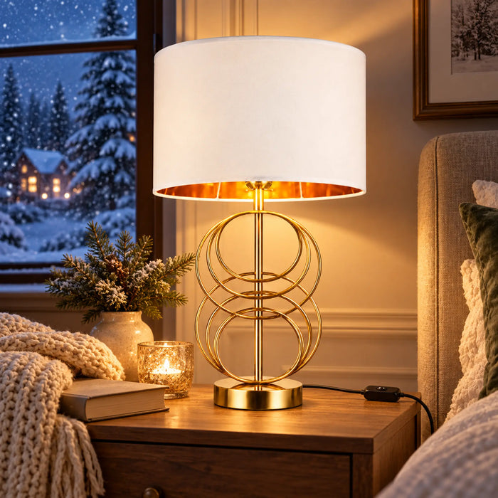 GREAT DREAM Modern Gold Table Lamp with White Fabric Drum Shade, Geometric Metal Bedside Lamp for Bedroom, Living Room & Office
