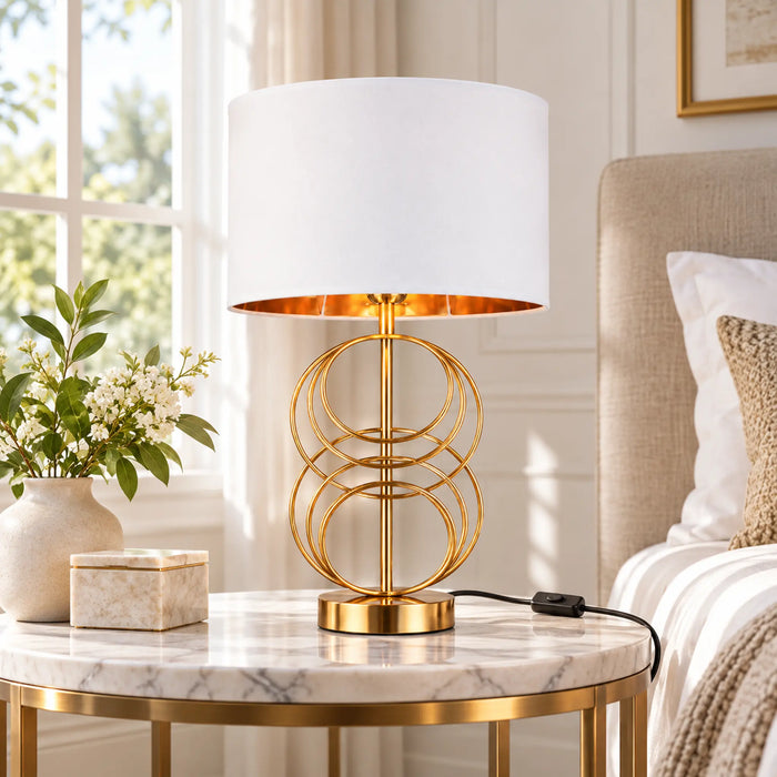 GREAT DREAM Modern Gold Table Lamp with White Fabric Drum Shade, Geometric Metal Bedside Lamp for Bedroom, Living Room & Office