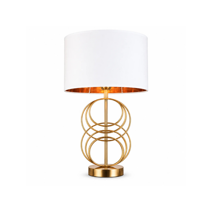 GREAT DREAM Modern Gold Table Lamp with White Fabric Drum Shade, Geometric Metal Bedside Lamp for Bedroom, Living Room & Office