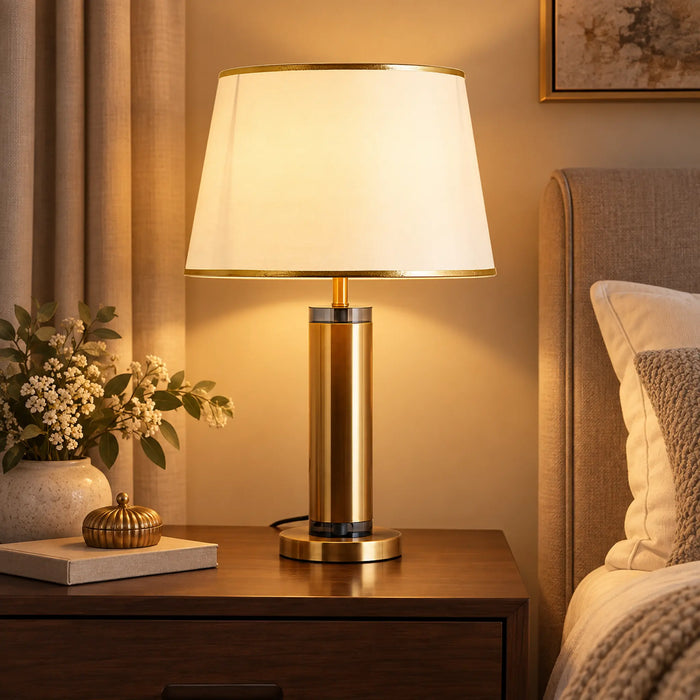GREAT DREAM Modern Gold Table Lamp with White Fabric Shade, Elegant Bedside Nightstand Lamp for Bedroom, Living Room & Office