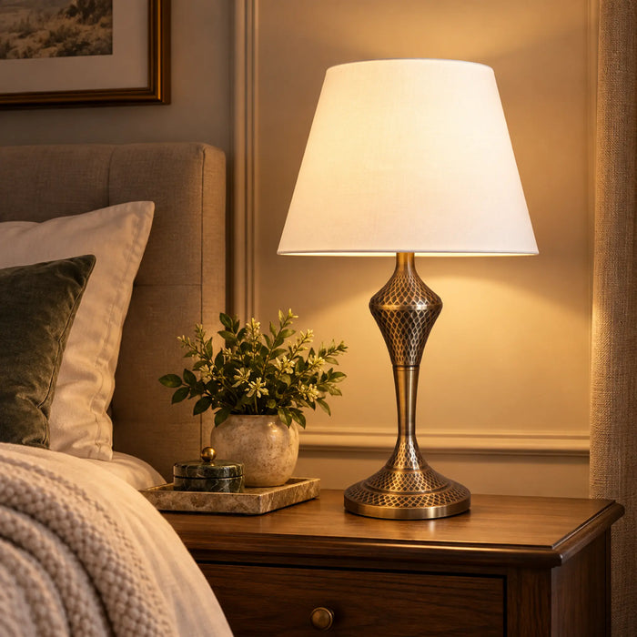 GREAT DREAM Modern Gold Table Lamp with White Fabric Shade, Elegant Bedside Nightstand Lamp for Bedroom, Living Room & Office
