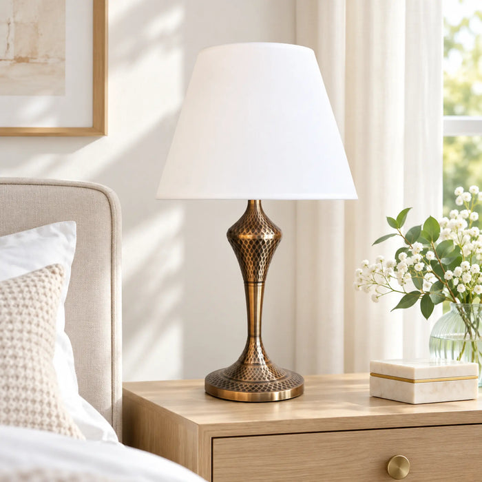 GREAT DREAM Modern Gold Table Lamp with White Fabric Shade, Elegant Bedside Nightstand Lamp for Bedroom, Living Room & Office