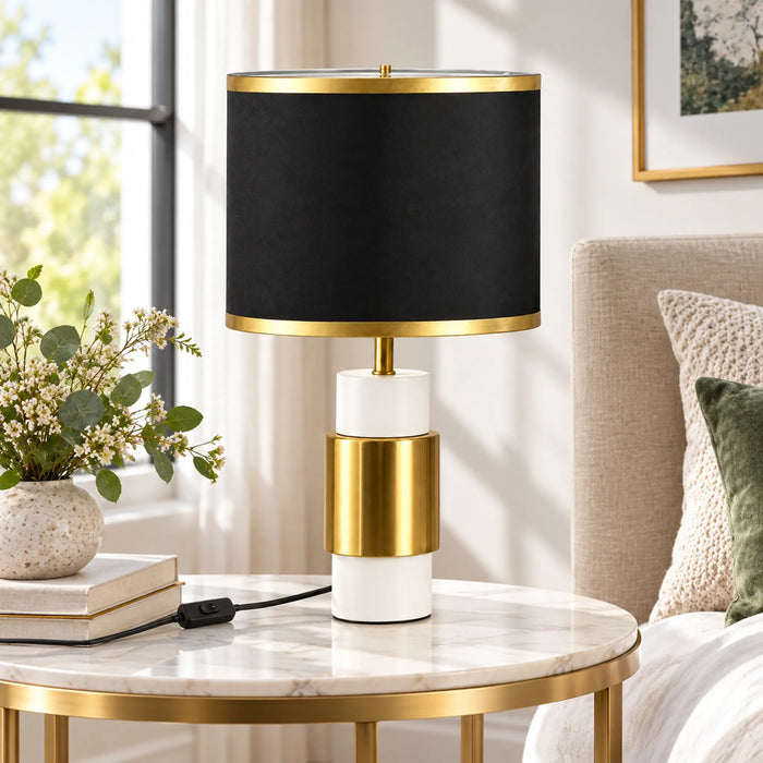GREAT DREAM Modern Gold & White Table Lamp with Black Fabric Drum Shade, Contemporary Bedside Nightstand Lamp for Bedroom & Living Room