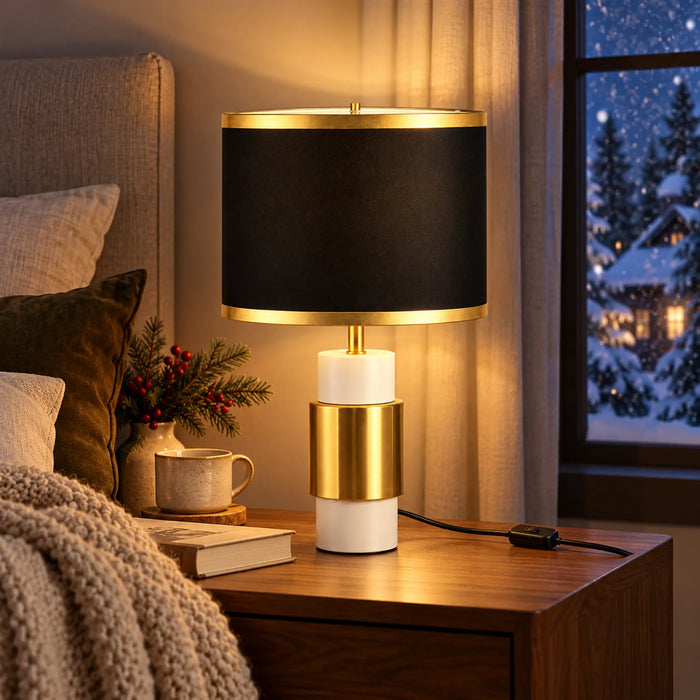 GREAT DREAM Modern Gold & White Table Lamp with Black Fabric Drum Shade, Contemporary Bedside Nightstand Lamp for Bedroom & Living Room