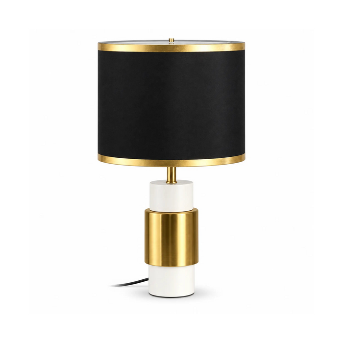 GREAT DREAM Modern Gold & White Table Lamp with Black Fabric Drum Shade, Contemporary Bedside Nightstand Lamp for Bedroom & Living Room