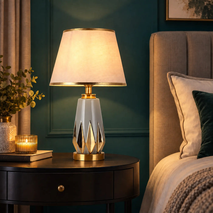 GREAT DREAM Modern Gray Table Lamp with Gold Accents & White Fabric Shade, Elegant Bedside Nightstand Lamp for Bedroom & Living Room