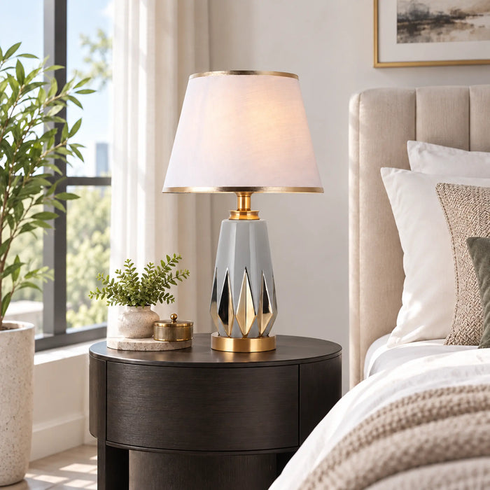 GREAT DREAM Modern Gray Table Lamp with Gold Accents & White Fabric Shade, Elegant Bedside Nightstand Lamp for Bedroom & Living Room