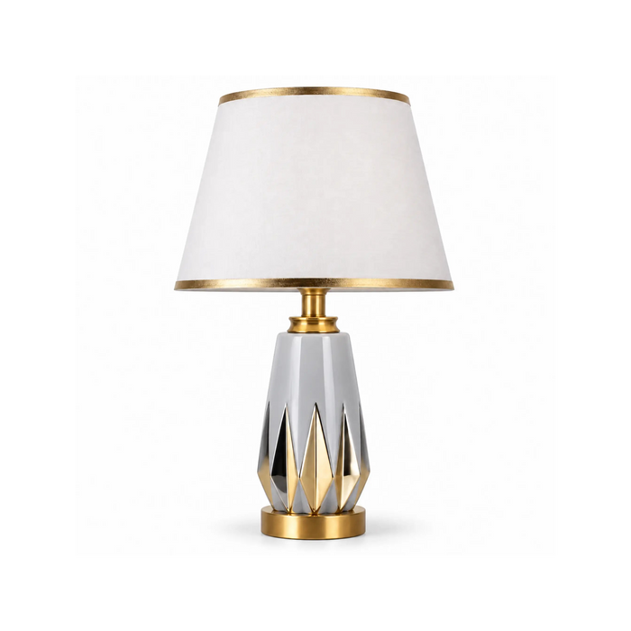 GREAT DREAM Modern Gray Table Lamp with Gold Accents & White Fabric Shade, Elegant Bedside Nightstand Lamp for Bedroom & Living Room
