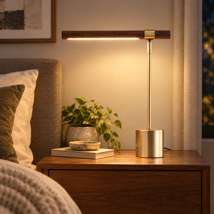 GREAT DREAM Modern LED Desk Lamp with Wood-Look Bar, Gold Metal Base, Contemporary Reading & Task Lamp for Bedroom, Office & Study