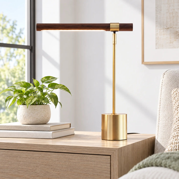 GREAT DREAM Modern LED Desk Lamp with Wood-Look Bar, Gold Metal Base, Contemporary Reading & Task Lamp for Bedroom, Office & Study