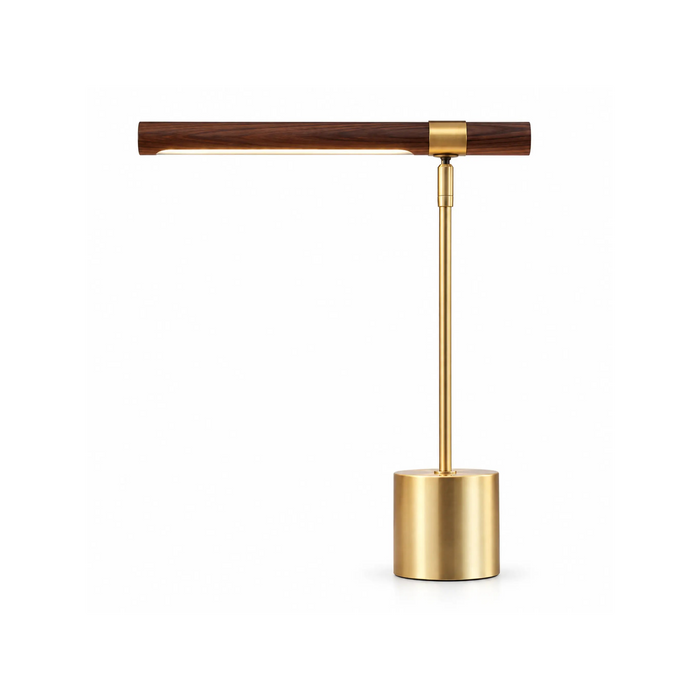 GREAT DREAM Modern LED Desk Lamp with Wood-Look Bar, Gold Metal Base, Contemporary Reading & Task Lamp for Bedroom, Office & Study