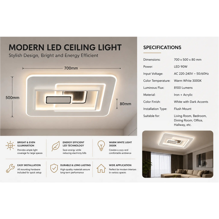 Great Dream Modern LED Flush Mount Ceiling Light, Square Layered Design