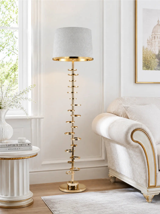 Great Dream Modern Luxury Floor Lamp, Gold Spiral Ring Stand with Off-White Fabric Drum Shade and Crystal Accent Base