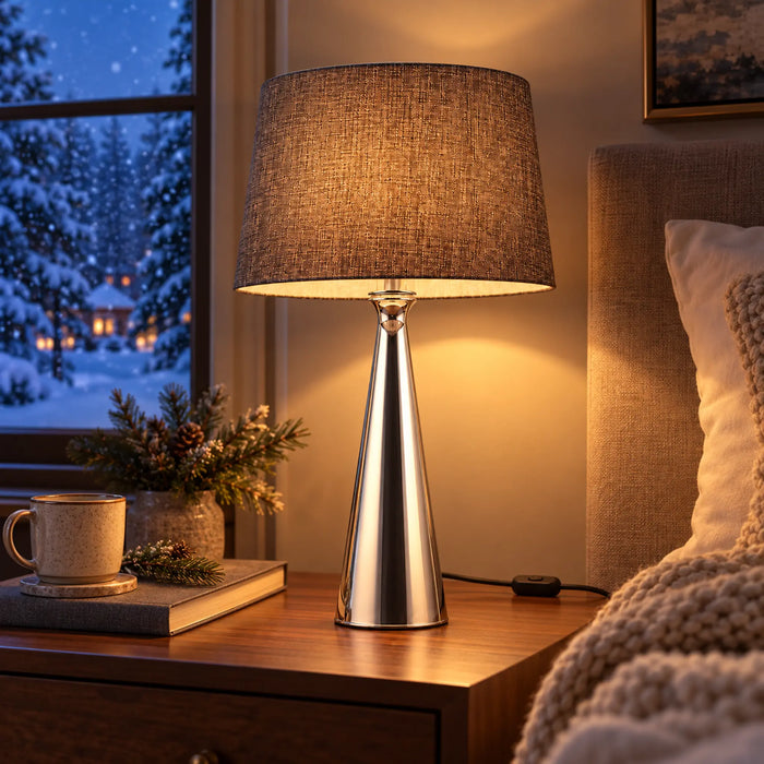 GREAT DREAM Modern Silver Table Lamp with Dark Gray Fabric Shade, Sleek Metal Bedside Nightstand Lamp for Bedroom, Living Room & Office