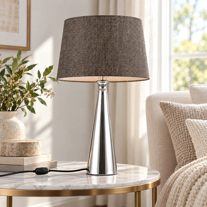 GREAT DREAM Modern Silver Table Lamp with Dark Gray Fabric Shade, Sleek Metal Bedside Nightstand Lamp for Bedroom, Living Room & Office
