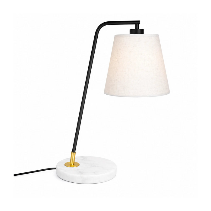 GREAT DREAM Modern Table Lamp, Black Angled Metal Arm with White Fabric Shade, Marble Base with Brass Accent, E27 Bedside/Desk Lamp for Living Room, Bedroom, Office