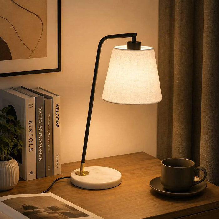 GREAT DREAM Modern Table Lamp, Black Angled Metal Arm with White Fabric Shade, Marble Base with Brass Accent, E27 Bedside/Desk Lamp for Living Room, Bedroom, Office