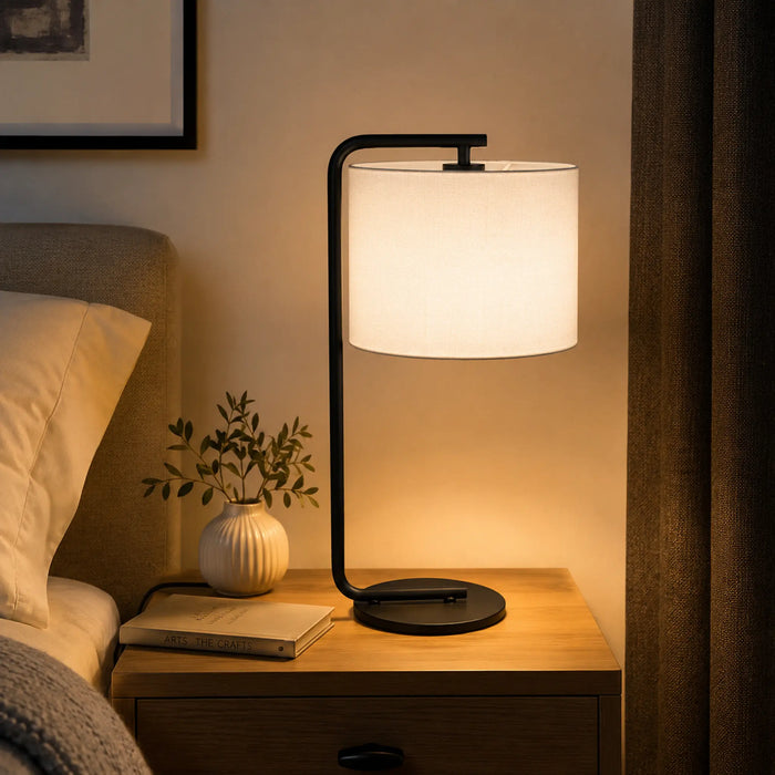 GREAT DREAM Modern Table Lamp with Fabric Shade, E27 Bedside Lamp, Black Metal Nightstand Lamp for Bedroom, Living Room, Office, Desk & Reading Table
