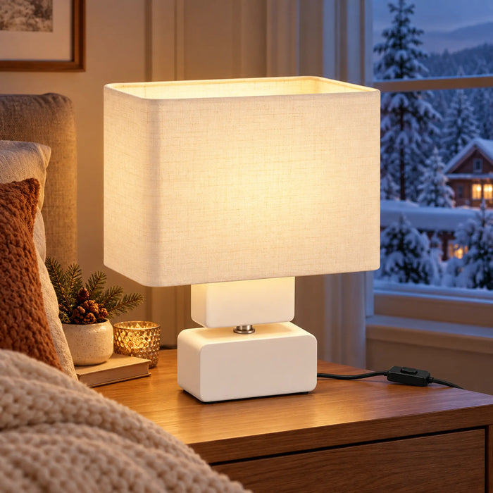 GREAT DREAM Modern Table Lamp with Rectangular Fabric Shade, White Bedside Nightstand Lamp with Inline Cord Switch for Bedroom, Living Room & Office
