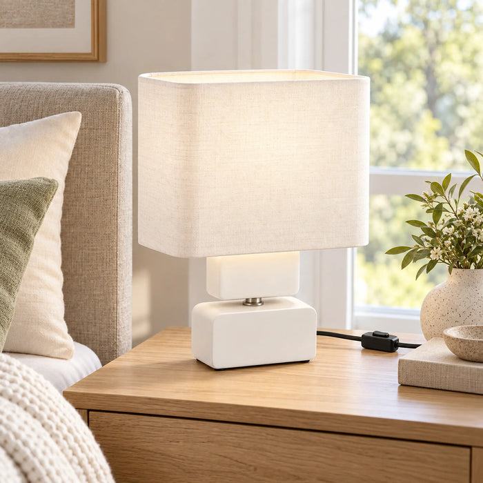 GREAT DREAM Modern Table Lamp with Rectangular Fabric Shade, White Bedside Nightstand Lamp with Inline Cord Switch for Bedroom, Living Room & Office